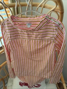 J. Crew Striped Button-Shoulder Long Sleeve Top in Pink, Yellow & White